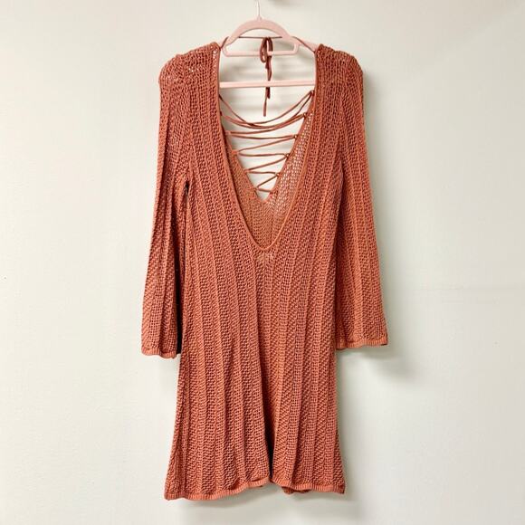Lovers + Friends Haisley 3/4 Sleeve Crochet Knit Mini Dress Birch Rose Women's M - Picture 2 of 5